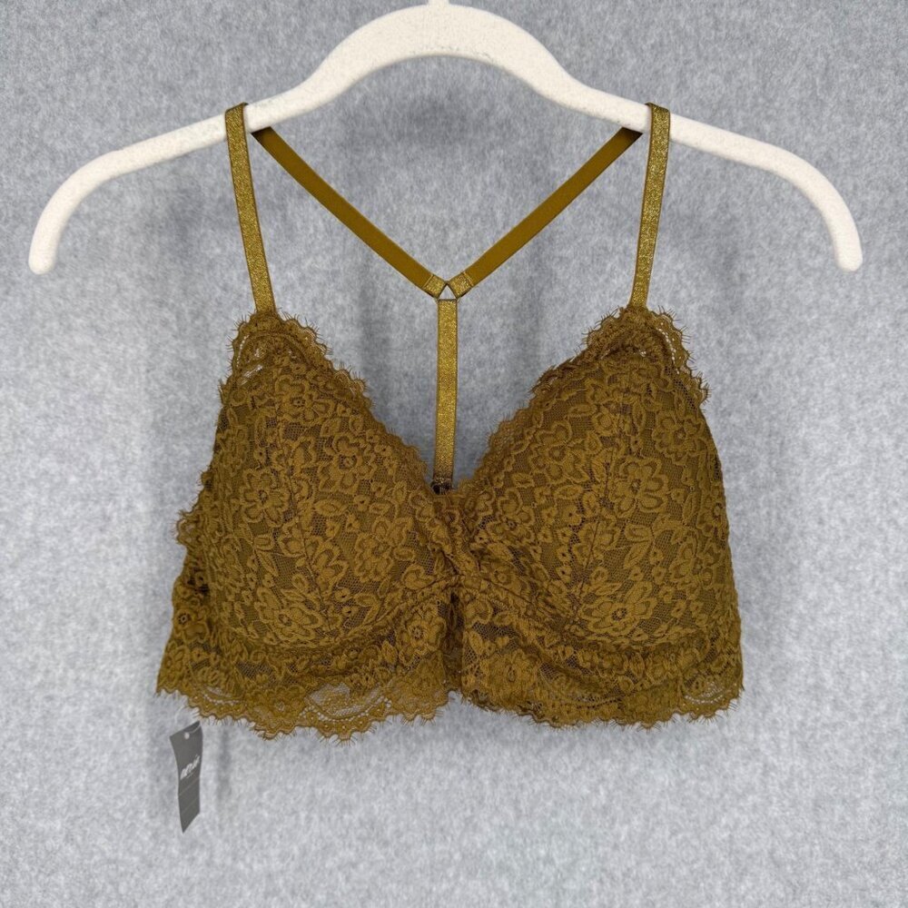 Aerie Floral Lace Plunge Padded Bralette Size L Olive Green Racerback TStrap NEW